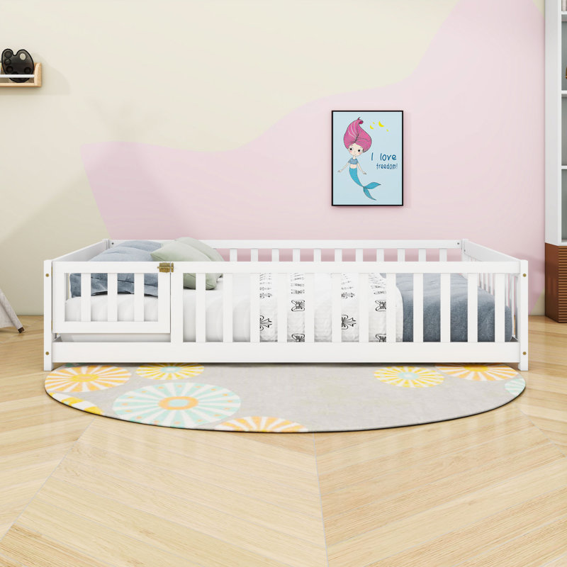 Wood Floor Bed With Fence, Full, White
