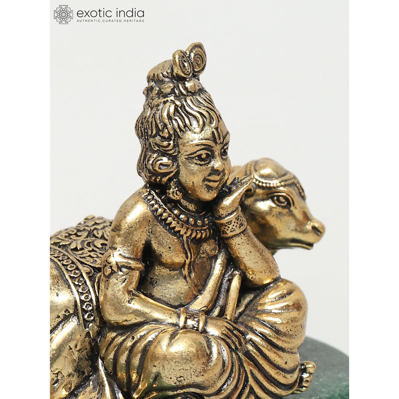 3 Inch Small Brass Cow Krishna on Jade Base
