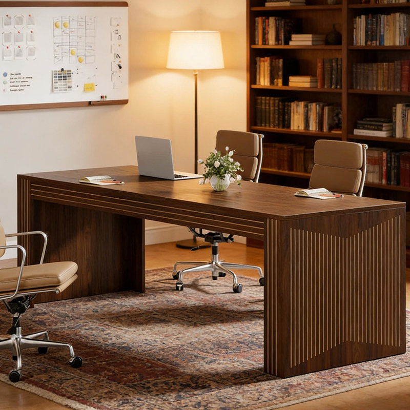 Bureau de 79 pouces de long au style minimaliste épuré, grain de bois brun, stable sur un sol inégal, longueur d'écriture facile à assembler, bureau spacieux, surfaces,