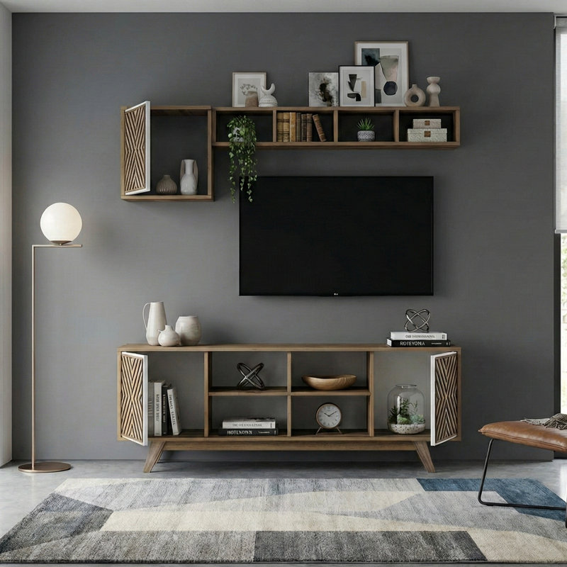 Meuble télé pour téléviseur de 70 po ou moins, Crème / noyer