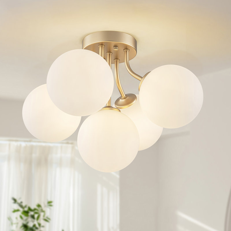 Plafonnier semi-encastré 5 lumières Spoutnik Globe, Nervuré, Blanc