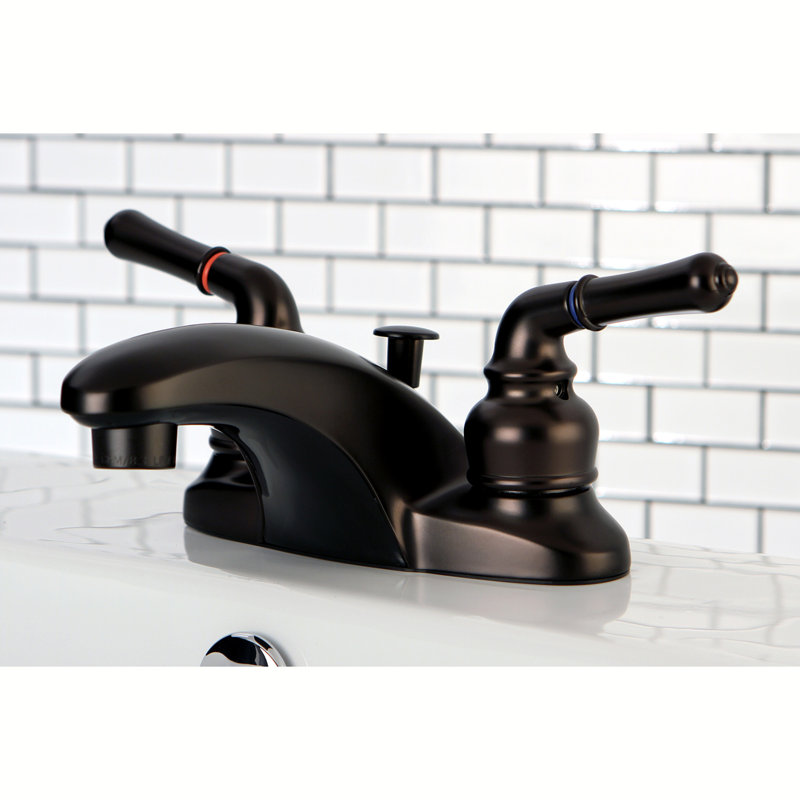 Kingston Brass Magellan Two-Handle 3-Hole Deck Mount 4" Centerset Bathroom Faucet with Plastic Pop-Up, Oil Rubbed Bronze