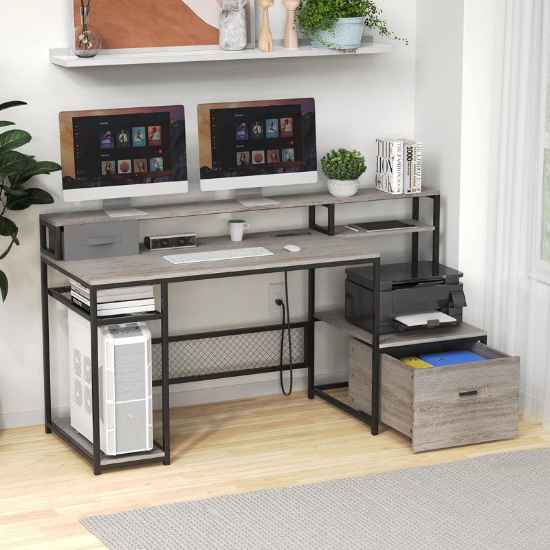 Mehalek L-Shaped Computer Desk with Power Outlet, Gray