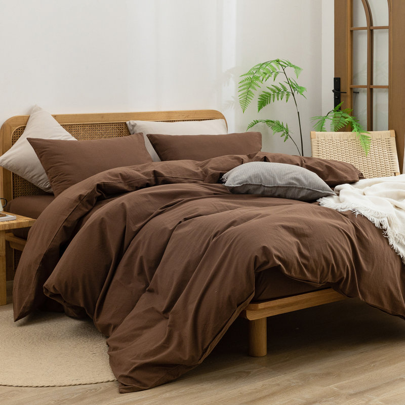 BESTOUCH Duvet Cover Set 100% Washed Cotton Linen Feel Lightweight, King Duvet Cover + 2 King Pillowcases, Cocoa Brown