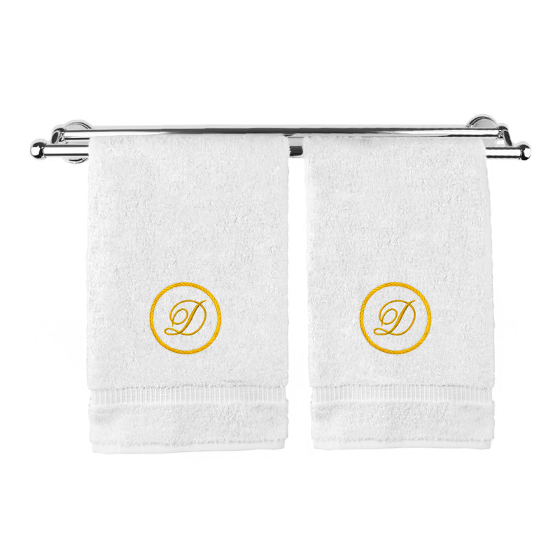 Essuie-mains monogramme - ensemble de 2 - lettre à motif circulaire, D, Blanc / Doré
