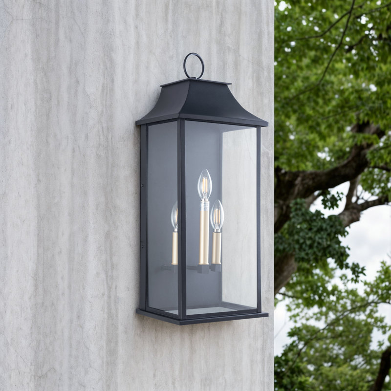Wilcher 3-Light Dusk-to-Dawn Outdoor Wall Lantern, 25" H x 10" W x 8" D, Matte Black/Gold