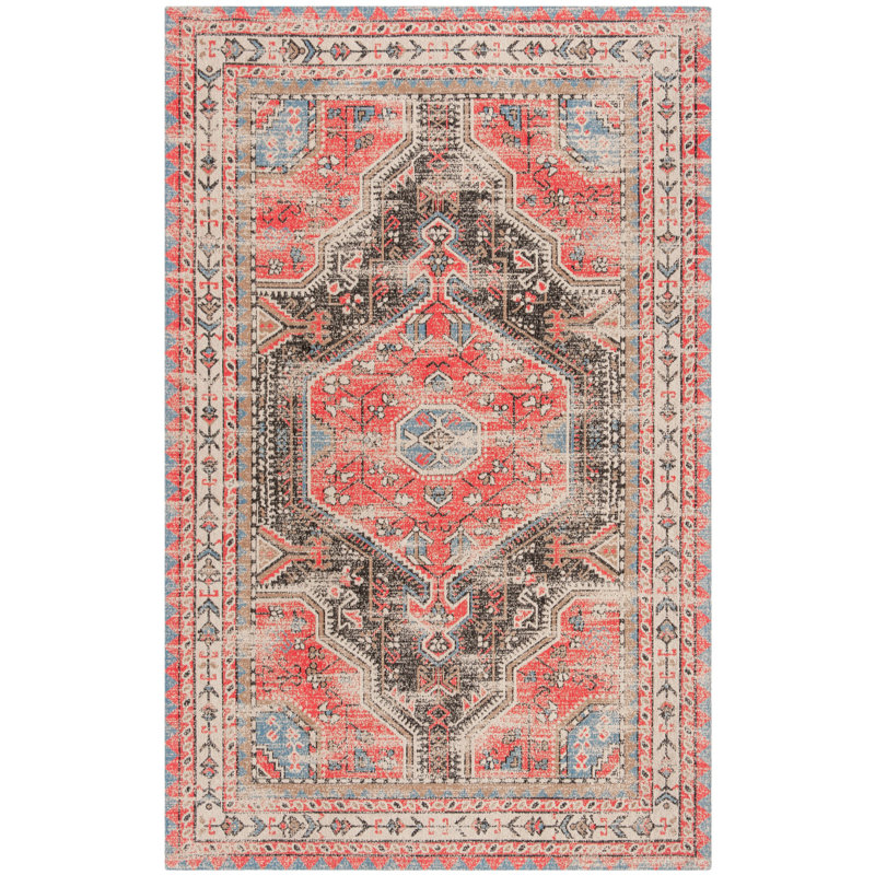 Lauro Oriental Red/Beige/Black Area Rug, Rectangle 5' x 8'