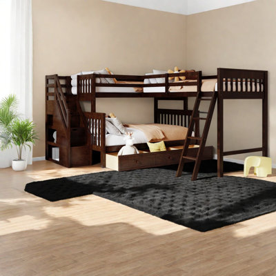 Lits de rangement, lit simple en bois massif au-dessus d'un lit double en L pour la maison
