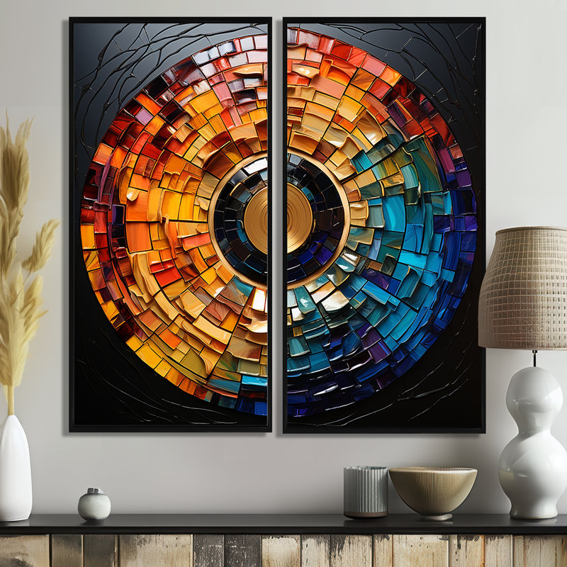 Disque vinyle coloré mosaïque II - impressions sur toile multicolores 2 panneaux, 40" H x 40" W, Black