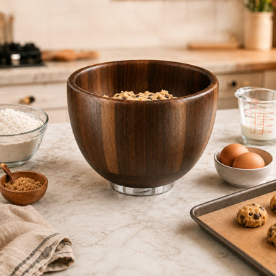Acacia wood stand mixer mixing bowl holder, practical kitchen space‑saving storage aid compatible with 4.5 and 5 qt tilt‑head mixer models