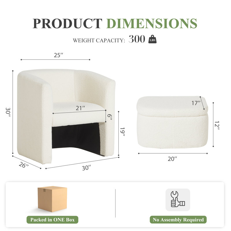 Braedin Upholstered Accent Chair & Storable Ottoman, No Assembly Required, Cream Boucle