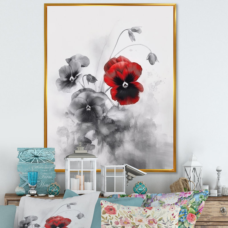 «Red and Grey Minimalisme Pansies II», reproduction sur toile, Cadre flottant doré, H 32 po x l 16 po x P 1 po