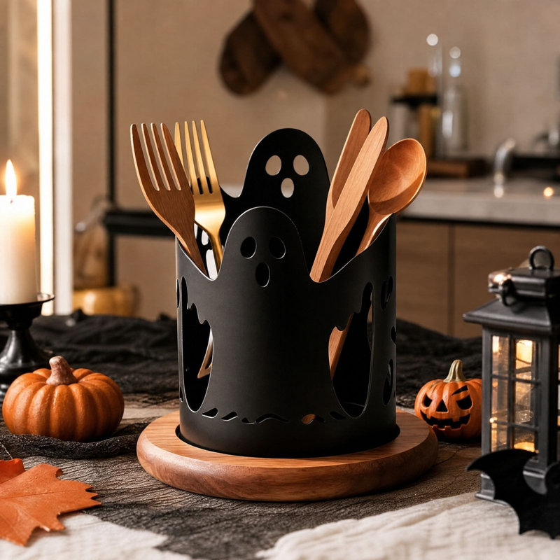 Boîte de rangement pour couverts fantômes avec base en bois - Décoration d'Halloween - Étagère de rangement de cuisine - Boîte de rangement pour couteaux et fourchettes de bureau - Décoration d'Halloween