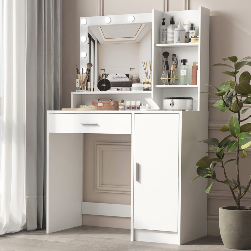 Bureau de coiffeuse avec miroir et lumière, commode de rangement à trois niveaux avec grand tiroir, 3 modes d'éclairage à luminosité réglable, coiffeuse de chambre à coucher
