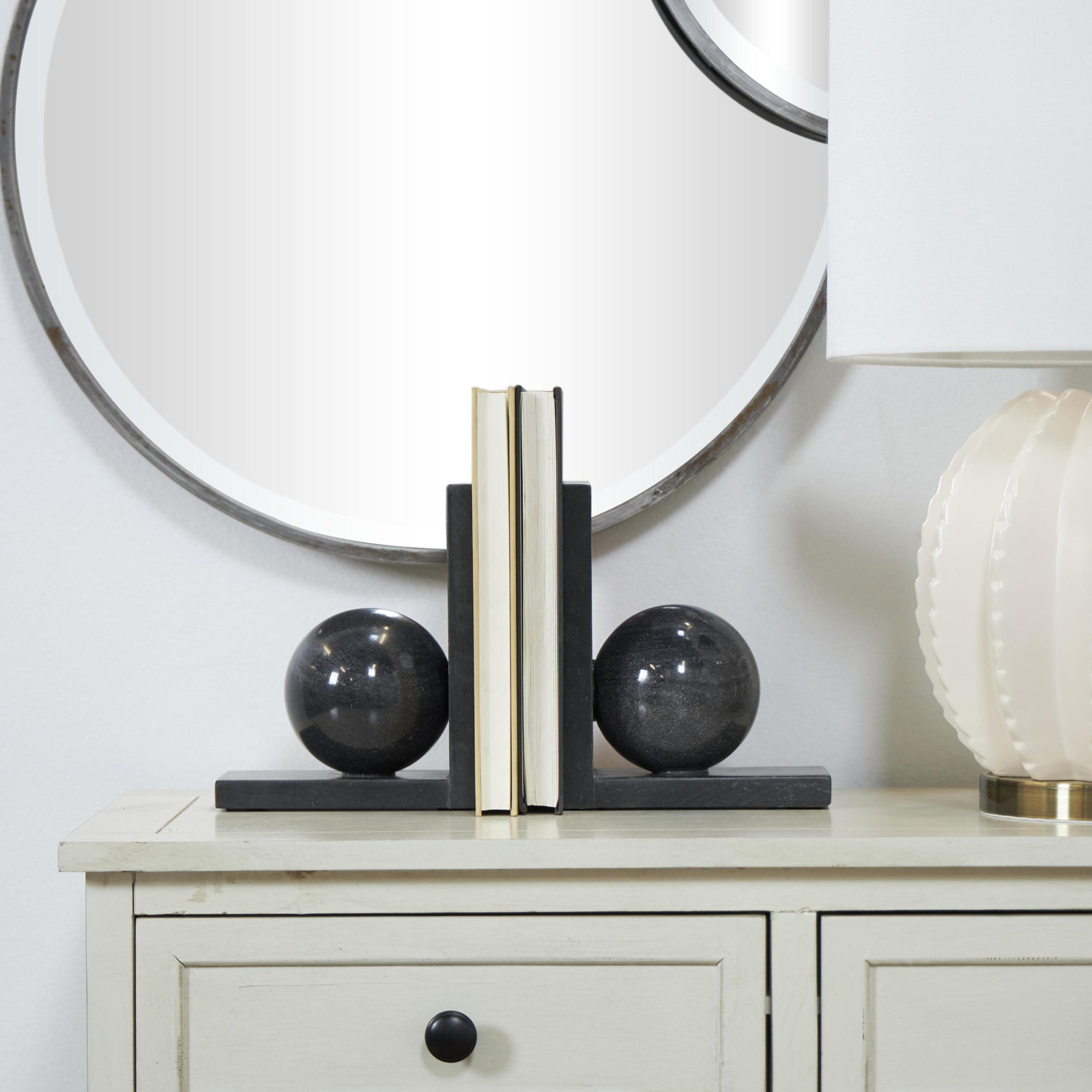 Orb Genuine Marble Decorative Bookends, Black