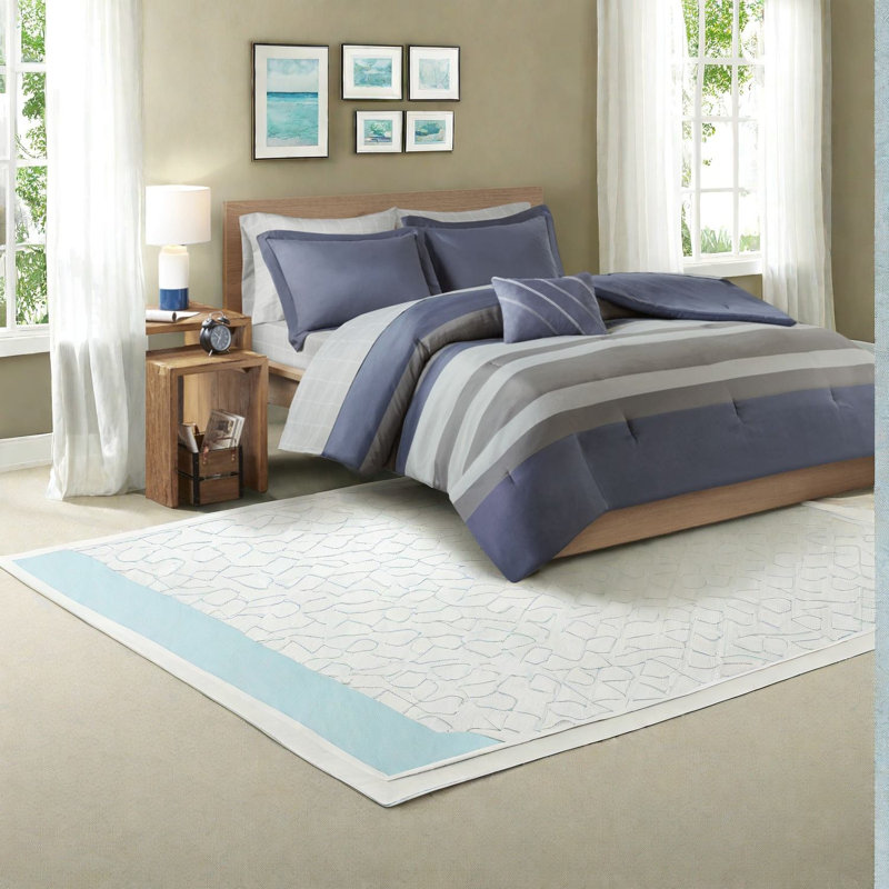 Ensembles de literie en polyester hypoallergénique, motif rayé bleu et gris pour la maison