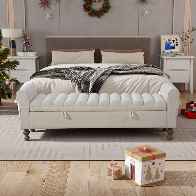 Wide Upholstered Flip-up Storage Bench With Flared Arms And Solid Wood Legs, Beige