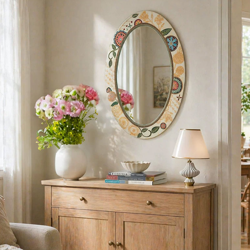 Miroir mural ovale en cuir, 23.62"H*15.75"L, Yellow
