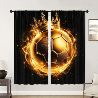 2 pièces ballon de soccer doré Fiery avec rideau couronne, conception graphique, fond noir, salon moderne, chambre à coucher, cuisine, jeu, jour, décoration, rideaux de fenêtre