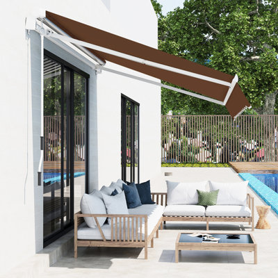 13' X 8' Deck Awning, & Water-, Manual Crank Handle, Coffee Brown For Patio Yard Sunshade Awning 13'X8', Crank, Aluminum Frame, Magnificent