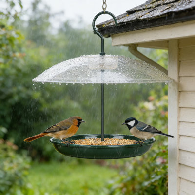 Mangeoire d'oiseaux plateforme résistante aux écureuils avec dôme résistant aux intempéries, capacité de graines de 2 lb, alimentation multi-oiseaux à 360 degrés, plateau en métal antirouille pour suspendre à l'extérieur