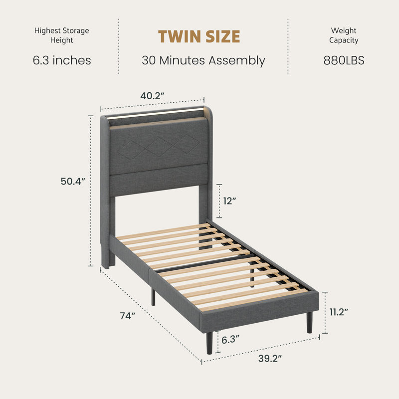Upholstered Bed Frame with LED Lights & Charging Station, Wingback Headboard, Twin