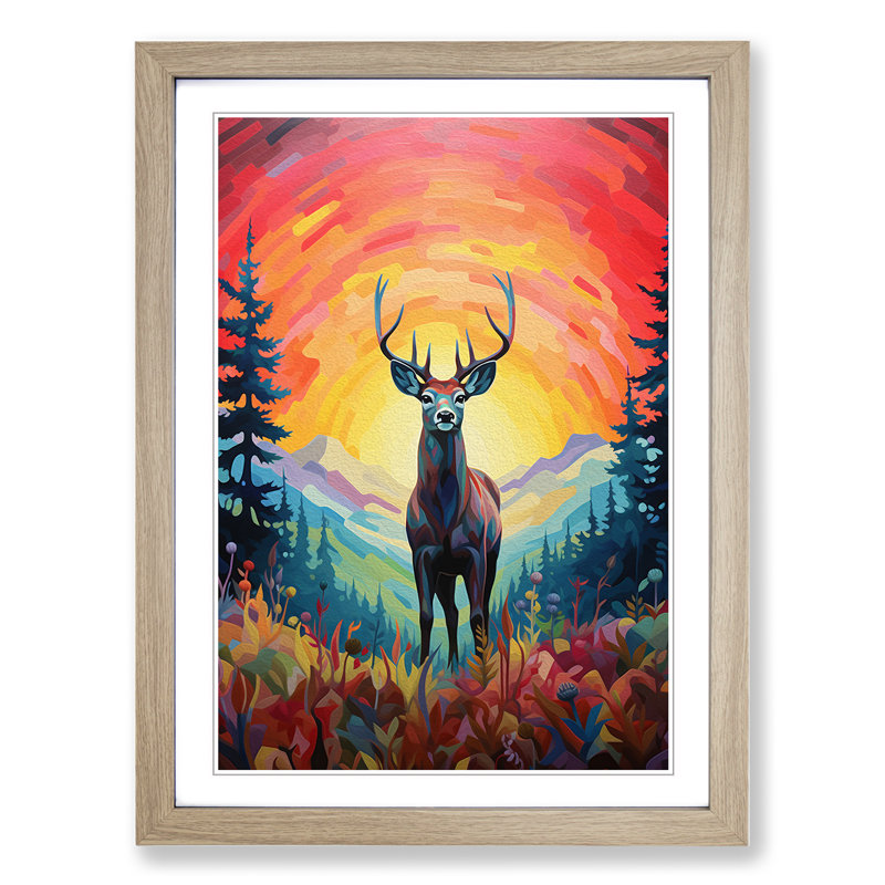 Deer Colour Field - Single Picture Frame Print on Wood, Oak Framed, 46cm H x 34cm W