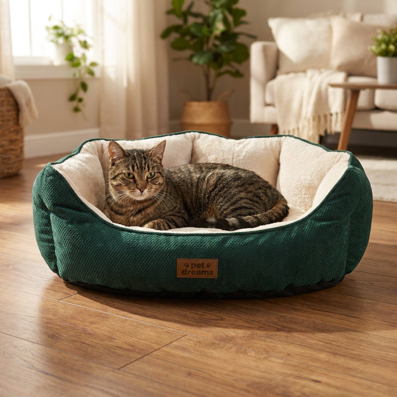 Pet Bed, 27.6" D x 31.5" W, Green; Cream