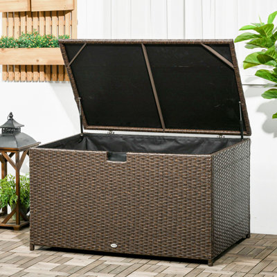 Outsunny 113 Gallon Deck Box, Rattan Outdoor Storage Box, Waterproof Storage Container for Indoor, Patio Furniture Cushions, Pool Supplies, Garden Too