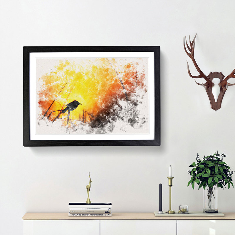 Bird in the Sunset Watercolour - Picture Frame Graphic Art Print, Black Framed, 45cm H x 63cm W x 2cm D