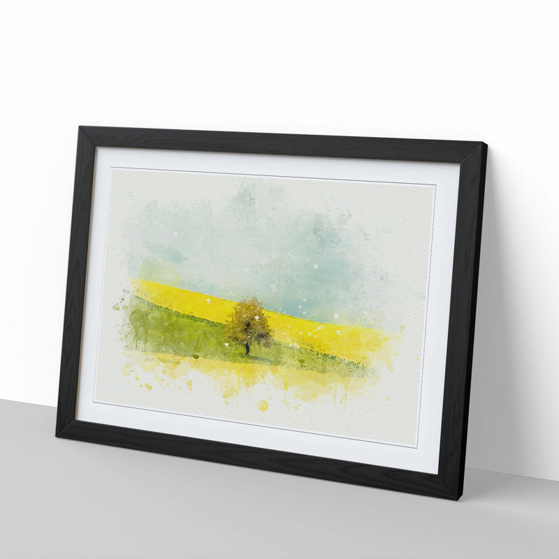 Lone Tree in a Yellow Meadow in Abstract - Picture Frame Graphic Art Print, Black, 40cm H x 60cm W x 2cm D