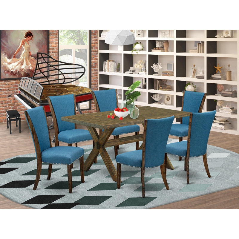 Ensemble de table de salle à manger 7 pièces composé d'une table de salle à manger rectangulaire avec pieds en X et 6 chaises de salle à manger Parson en tissu de couleur bleue, patiné