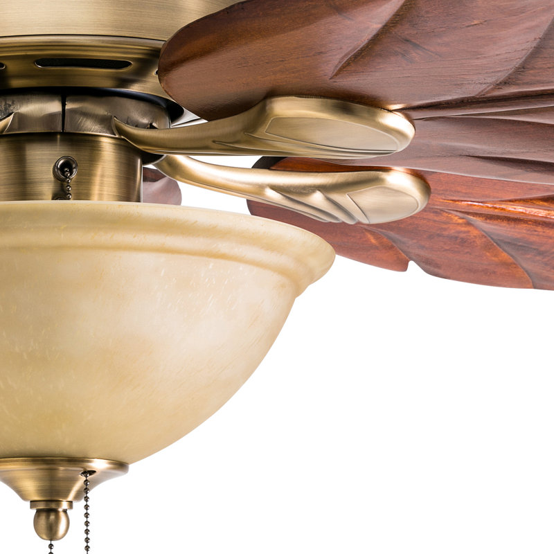 52" Brass Tropical Ceiling Fan with Hand Carved Wood Blades