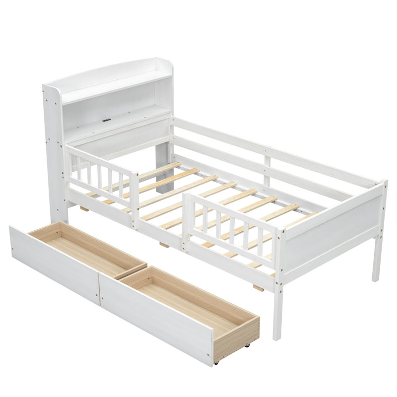 White Twin Platform Bed With Led Illumination, Multi-Functional Headboard, Guardrail And 2 Drawer Shelves In Finish Size Wood Built-In Led, Functional Compartments