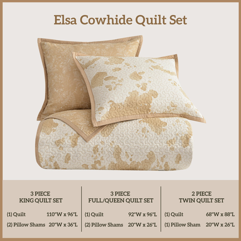 Elsa Cowhide Cotton Cow Print Western Rustic Farmhouse Quilt Set, Queen Quilt + 2 Standard Shams, Light Tan