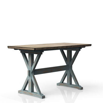 Table à hauteur de comptoir décontractée bleue avec base en X, bois massif et base bleue