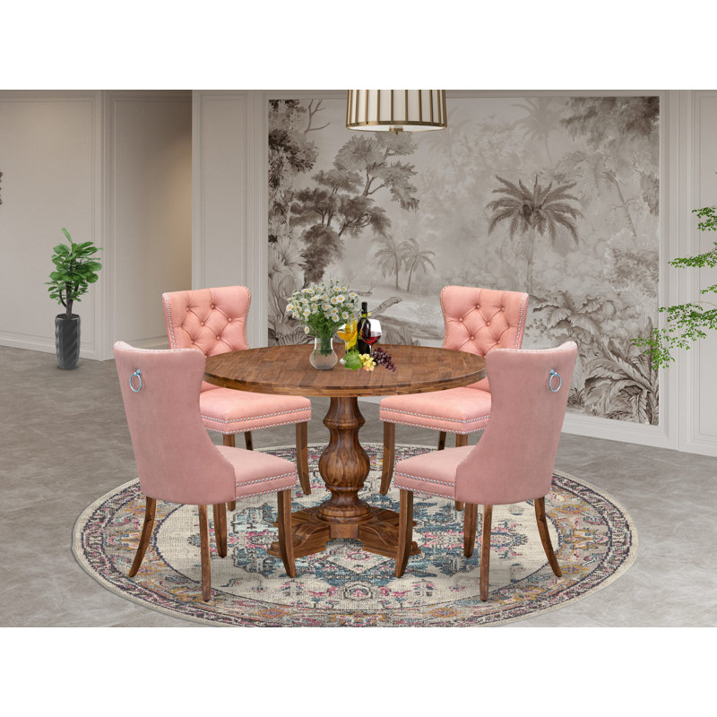 Ensemble de table de salle à manger moderne 5 pièces contenant une table en bois et 4 chaises Parson en tissu de polyester beige rouge avec dossier capitonné, noyer antique