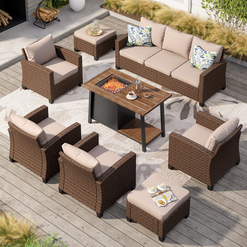 9 - Person Outdoor Wicker Patio Conversation Furniture Set With Fire Pit Table, Beige