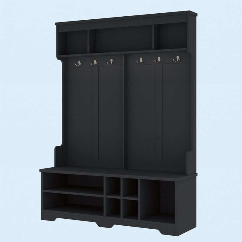 Modern Hallway Hall Tree With Metal Hooks And Storage Space, Multi-Functional Entryway Coat Rack With Shoe Cubbies, Black