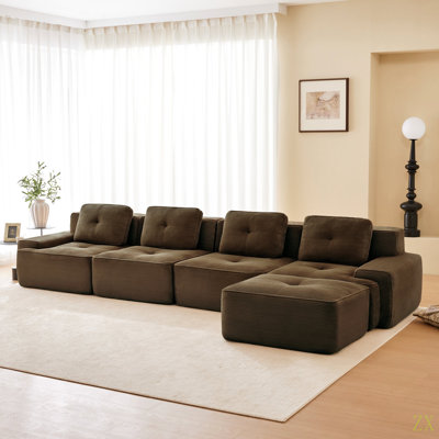 Canapé modulaire en forme de L de 153 po pour salon modulaire en tissu de velours côtelé de 153 po avec siège profond et repose-pieds mobile, passepoil perlé, conception sans assemblage, conception antidérapante
