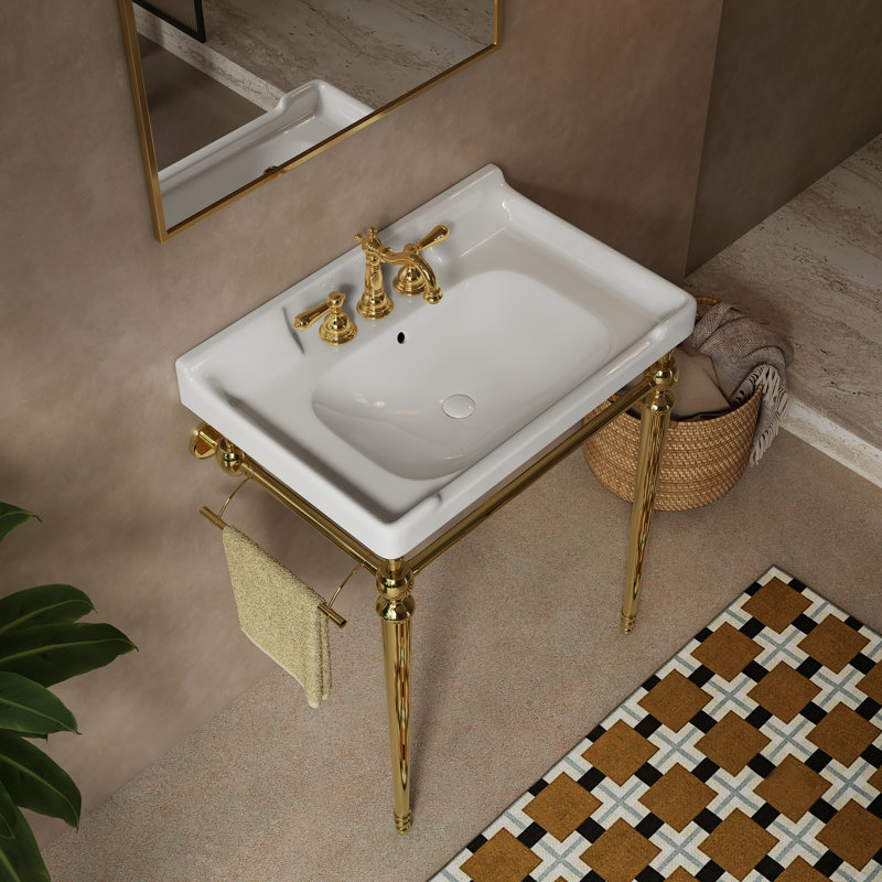 Lavabo de salle de bain 28 po, lavabo mural en céramique blanche, 3 trous de robinet standard, or, structure de support en acier inoxydable avec barre à serviettes amovible, haute performance, facile à nettoyer, à gratter, non