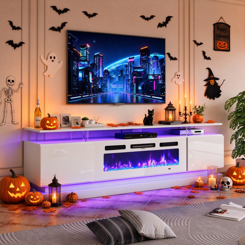 Meuble télé avec foyer électrique Jacob, H 24,2 po x L 70 po x l 13,8 po, Blanc