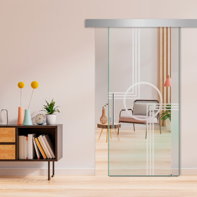 Porte de grange coulissante en verre sans cadre avec design moderne givré + ensemble de quincaillerie (non privé)