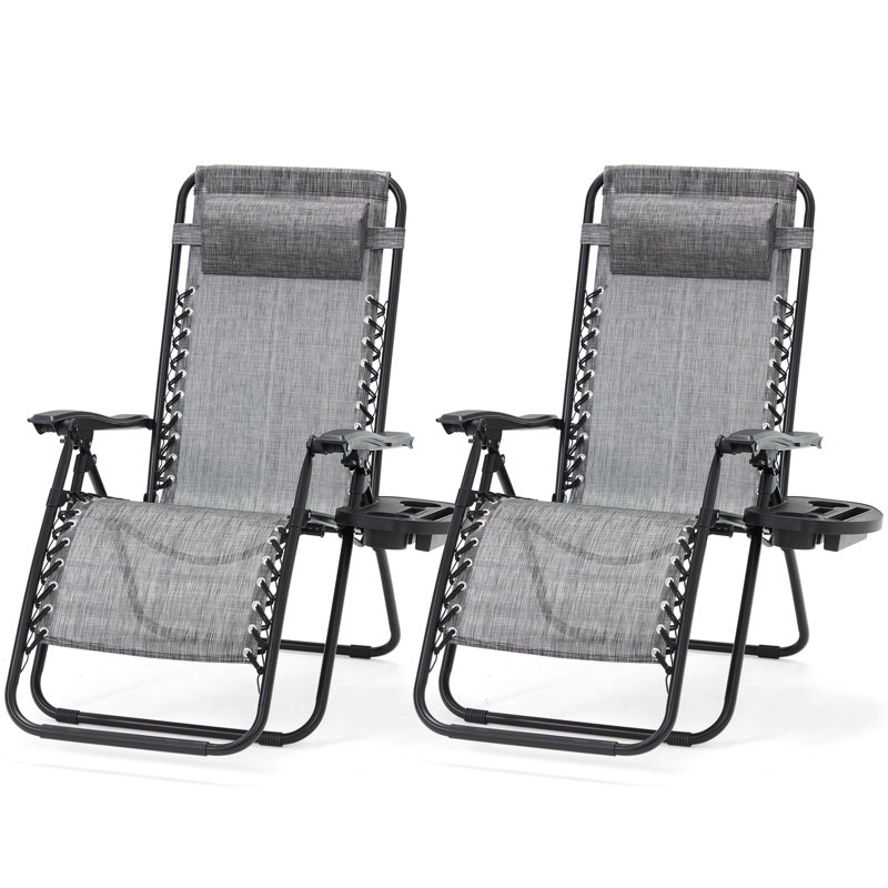 Set of 2 Zero Gravity Lounge Chairs, Folding Reclining Patio Chairs with Cup Holder & Headrest, Gray