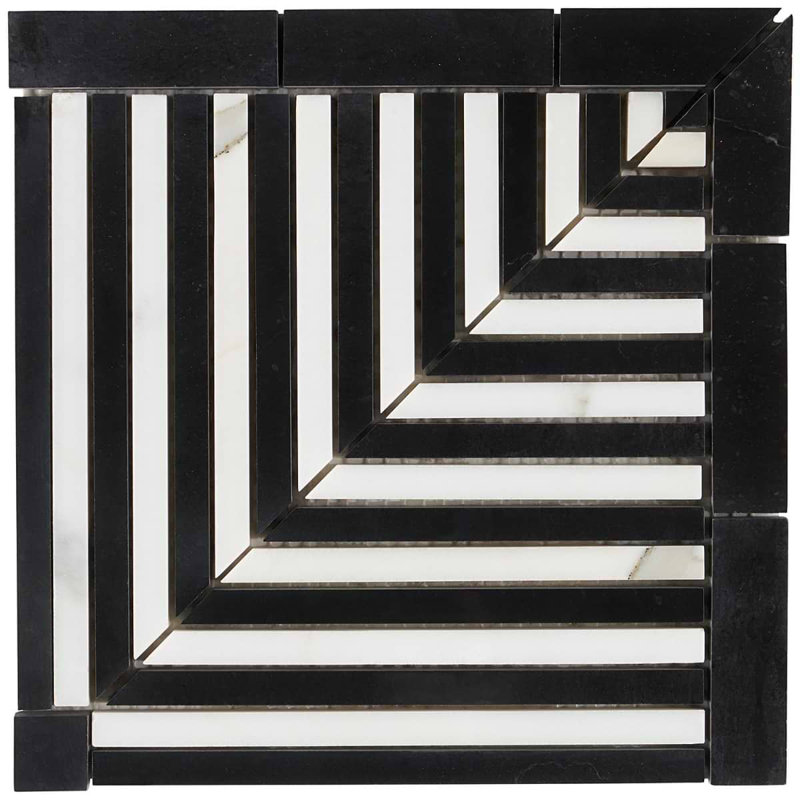 Monroe 8x8 Geometric Corner Polished Black Jade and Marble Mosaic Tile