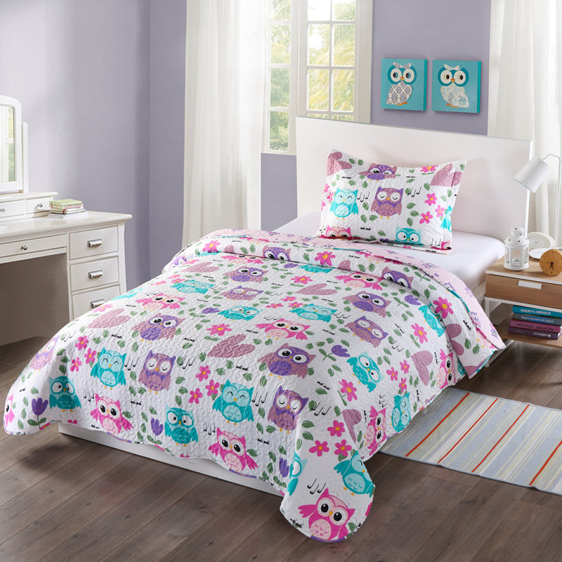 Ensemble de courtepointe réversible p-purple hoot, Courtepointe simple et 1 taie décorative