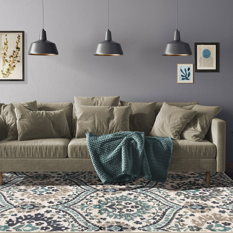 Tapis floral bleu et gris ivoire 5 pi x 8 pi résistant aux taches
