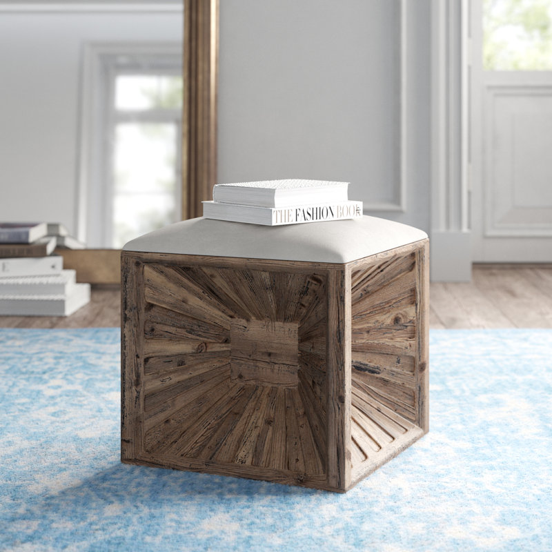 Natural Fir Wood Cube Ottoman with Linen Cushion