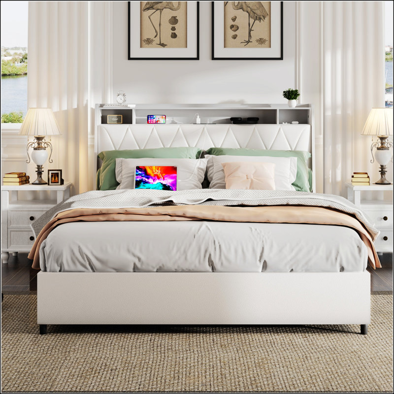 Structure de grand lit avec tête de lit ergonomique, plateforme, prises intégrées, chargeur et tablette de rangement, sans bruit, aucun sommier nécessaire