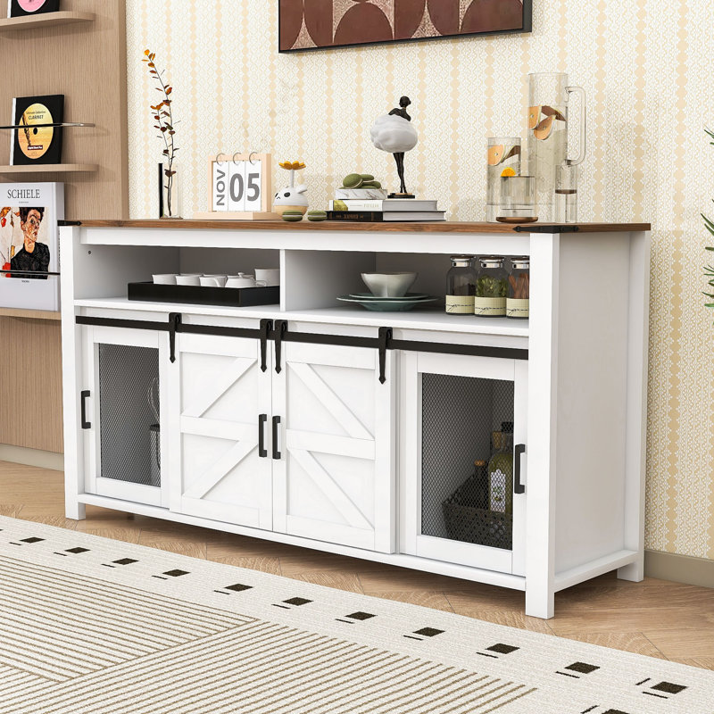 Farmhouse Sideboard With Sliding Barn Door, Mesh Panels And Open Storage, White/Brown